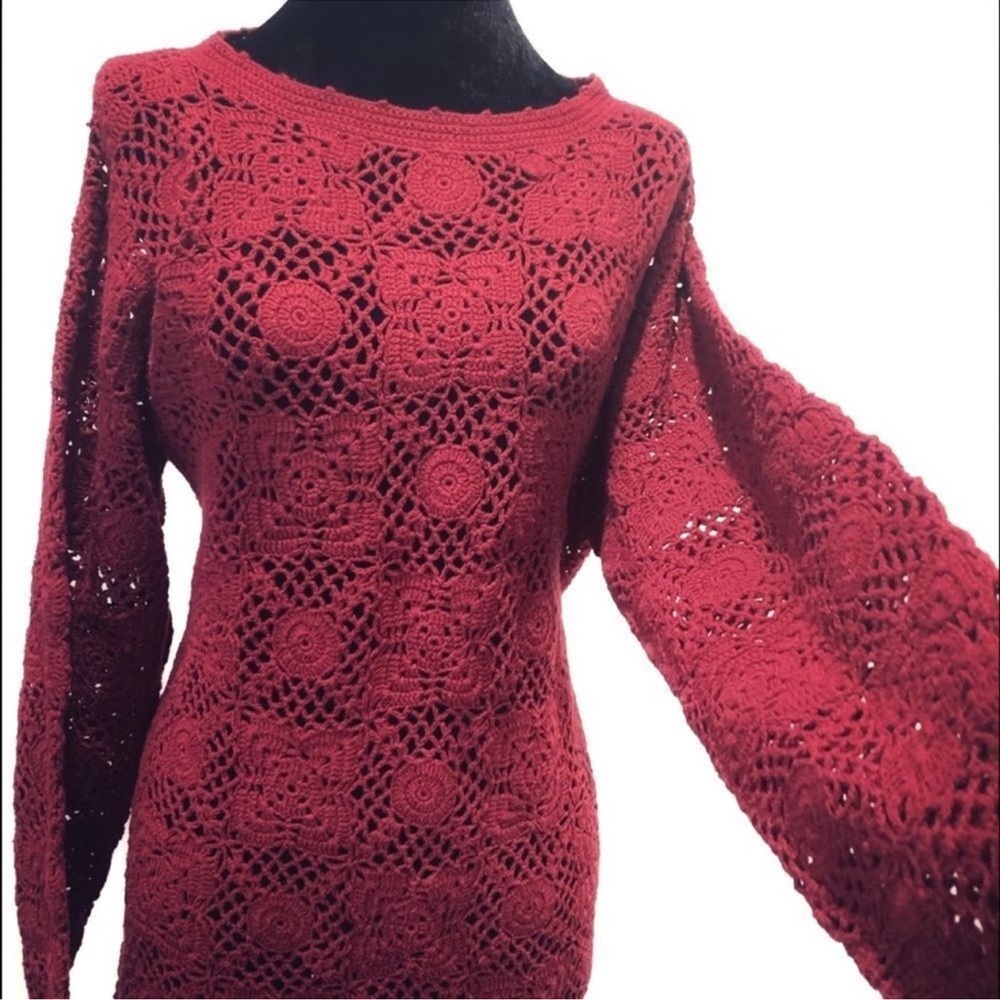Vintage Y2K 90s Bohemian Burgundy Wine Crochet Tunic Sweater - Picture 3 of 14